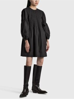 Ganni Smocked Puff-Sleeve Mini Dress